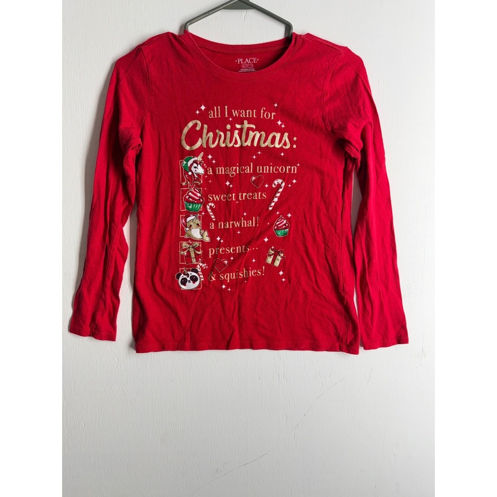 The Childrens Place Girls Red Christmas Unicorn Narwhal Graphic Tee XL 14